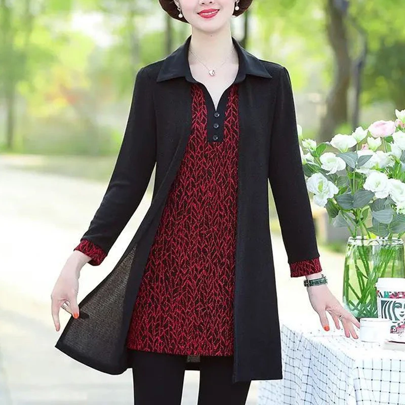 Top Trends: Korean Elegant Middle Aged Women Spring Autumn New Fashion Bright Silk Fake Two Pieces Tunic Blouse Top Long Sleeve Loose Shirts Shoppable Styles - Image 4