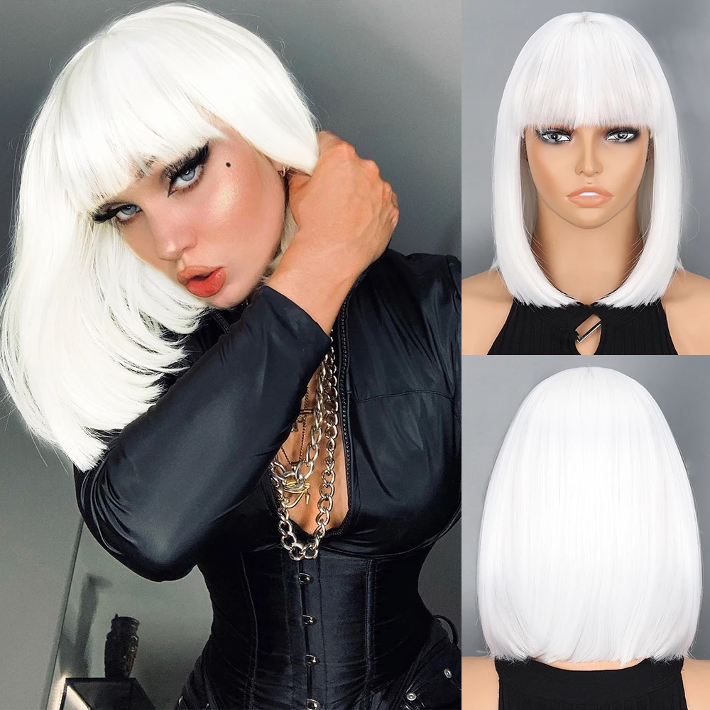 Top Trends: Short Straight Bob Wigs With Bangs White Natural Synthetic Hair For Women Wigs Daily Cosplay Heat Resistant Fiber Shoppable Styles