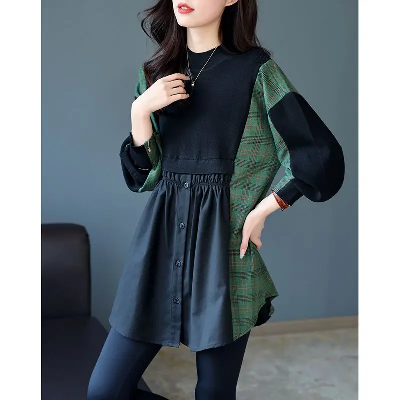 Top Trends: Spring And Autumn Women's Round Neck Pullover Button Plaid Knitted Panel Shirt Loose Fit Mid Length Fashion Office Lady Tops Shoppable Styles