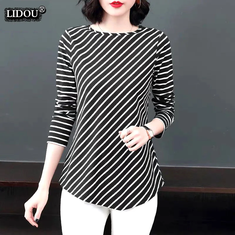 Top Trends: Office Lady Skinny Striped O-neck Long Sleeved T-shirts Fashion New Spring Autumn Women&#039;s Clothing Comfortable Popularity Tops Shoppable Styles