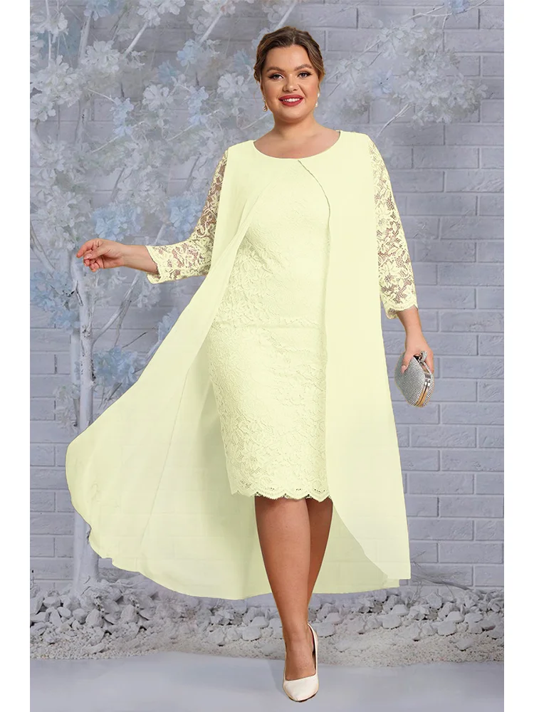 Top Trends: Plus Size Women's Dress Two Piece Set Solid Chiffon Lace 3 / 4 Sleeve Casual Office Midi Dress Women's Dress Set Shoppable Styles