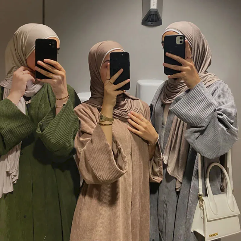 Top Trends: Corduroy Open Abaya Coats Winter Front With Button Side Pockets Thick Warm Muslim Women Dress EID Ramadan Islamic Clothing Shoppable Styles