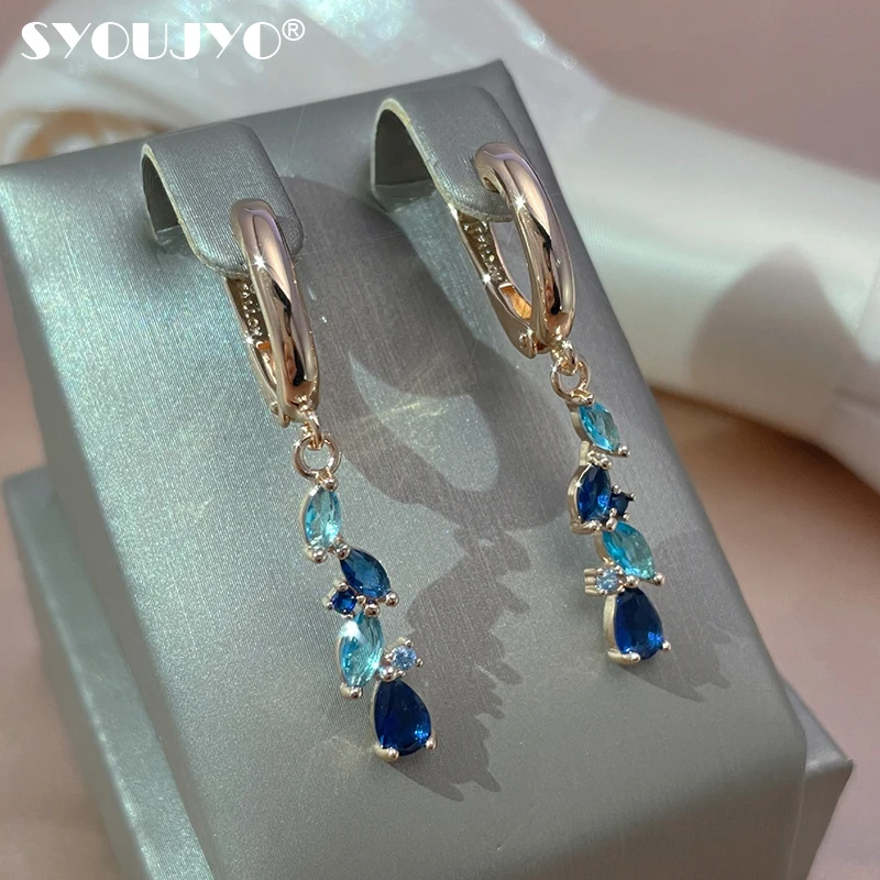 Top Trends: SYOUJYO New 585 Rose Golden Earrings For Women Luxury Blue Natural Zircon Leaf Long Dangle Earrings Wedding Jewelry Shoppable Styles