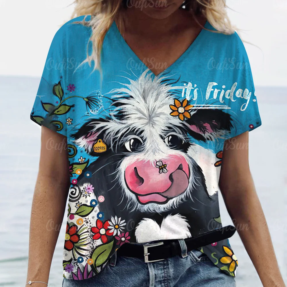 Top Trends: Summer Women's T-Shirt Y2k Style Short Sleeve Tops Anime Cow Print Ladies Clothing Female Loose Blouse V-Neck Fashion Streetwear Shoppable Styles