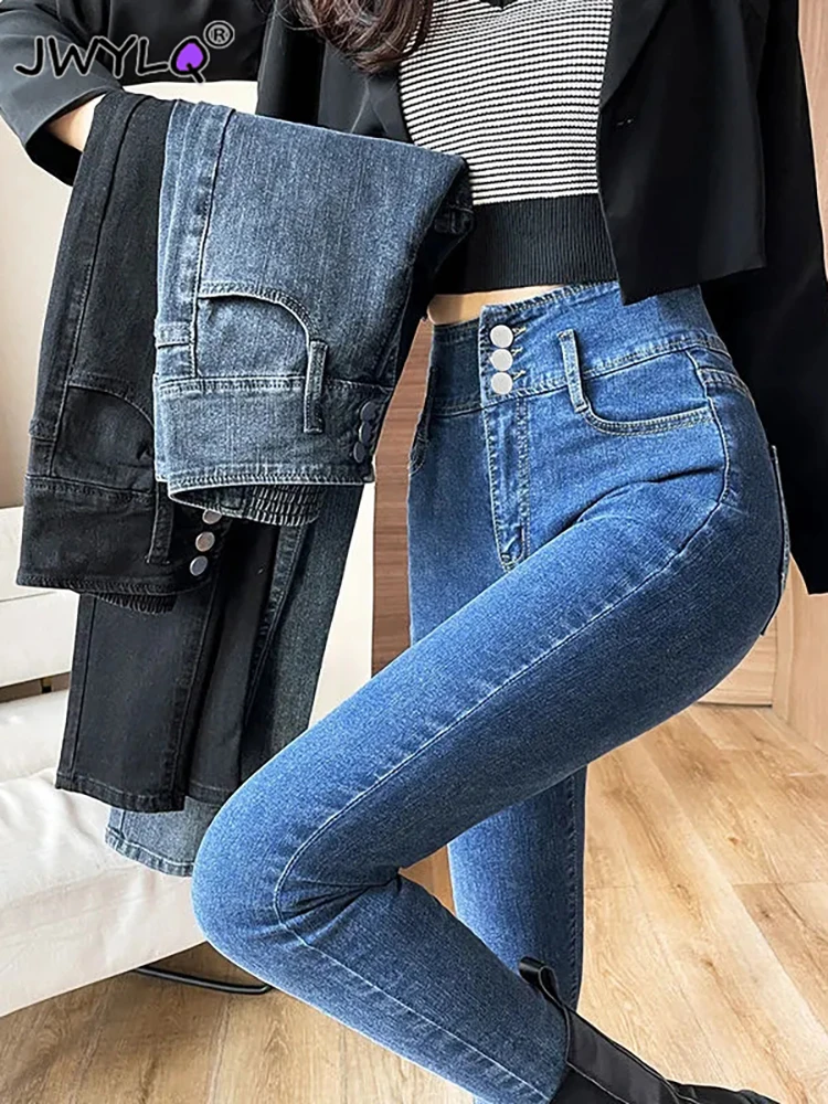 Top Trends: Korean Three Buttons Ankle-length Pencil Denim Pants Female Classic High Waist Skinny Stretch Womens Jeans Elegant Denim Pants Shoppable Styles