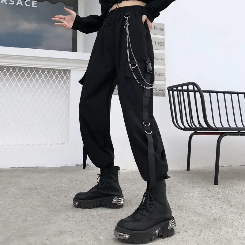 Top Trends: Streetwear Spring Summer Cargo Pants Women Harajuku Slim Punk Ribbons Joggers Elastic Waist Ankle-Length Trousers For Girls Shoppable Styles - Image 5