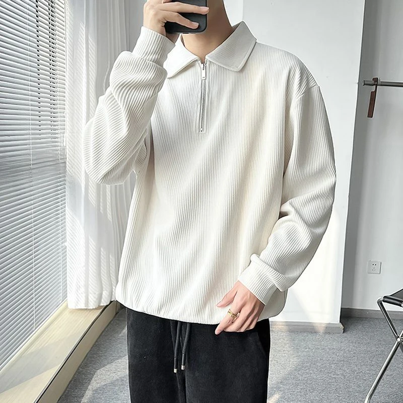 Top Trends: Fall Corduroy Long Sleeve Men Polo T Shirts Casual Harajuku Fashion Oversized Pullovers White Black Grey Hip Hop Punk Streetwear Shoppable Styles