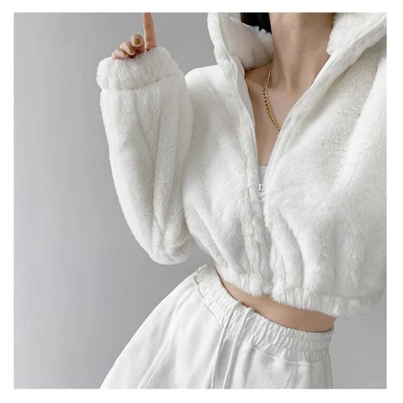 Top Trends: Deeptown White Cropped Fleece Jacket Women Korean Fashion Streetwear Warm Winter Short Fluffy Coats Long Sleeve Y2k Sweatshirts Shoppable Styles