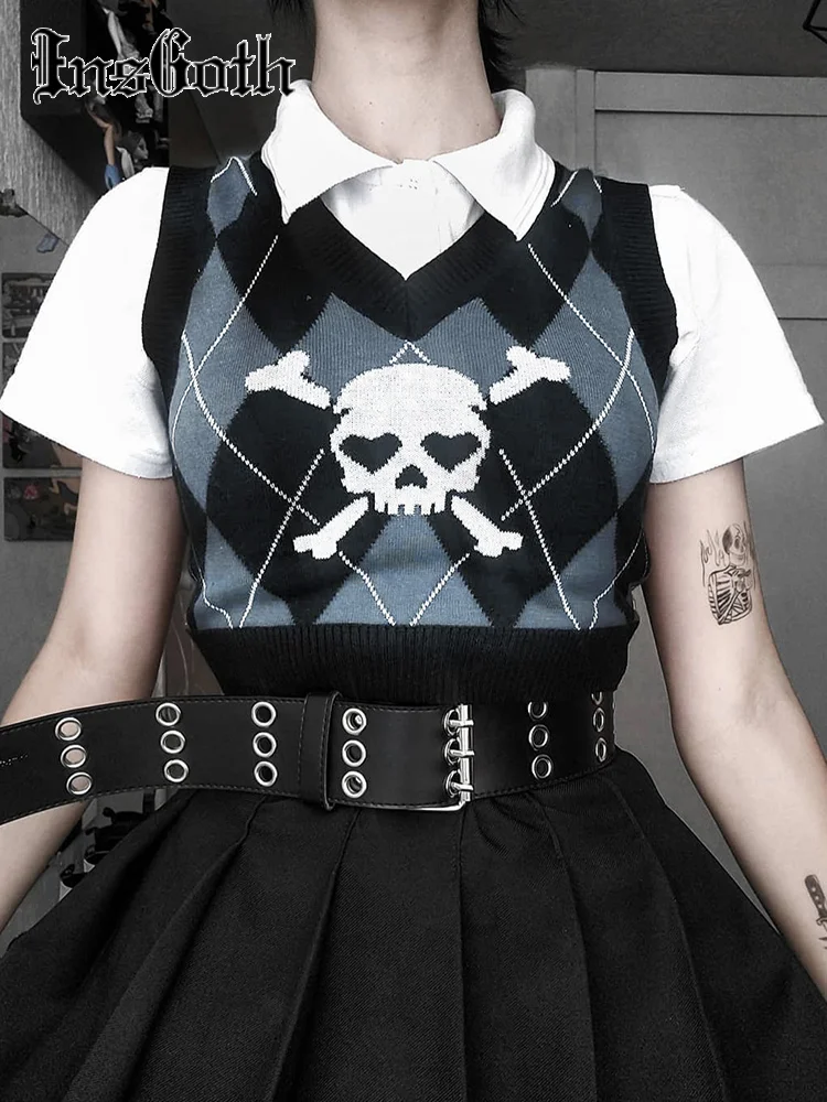 Top Trends: InsGoth Gothic Skull Print Sweater Vest Harajuku Punk Sexy V Neck Sleeveless Copped Tops Grunge Autume Winter Women Knitted Tops Shoppable Styles