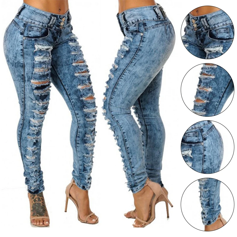 Top Trends: Womens Sexy High Waist Pencil Jeans Casual Blue Ripped Denim Pants Lady Long Skinny Slim Jeans Vintage Streetwear Jeans Shoppable Styles