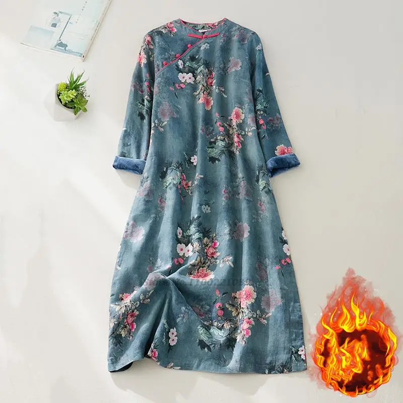 Top Trends: 2024 Oriental Chinese Fleece Lined Qipao Dress Traditional Cotton Linen Dress Qipao Women Flower Print Cheongsam Retro Dress Shoppable Styles