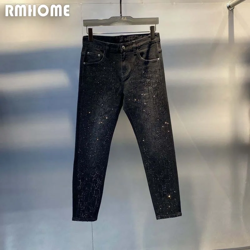 Top Trends: Rhinestone Jeans Men&#039;s Black Denim Small Feet Male Pants Fashion Brand Full Of Diamonds Design High-quality Trendy Trousers 36 Shoppable Styles