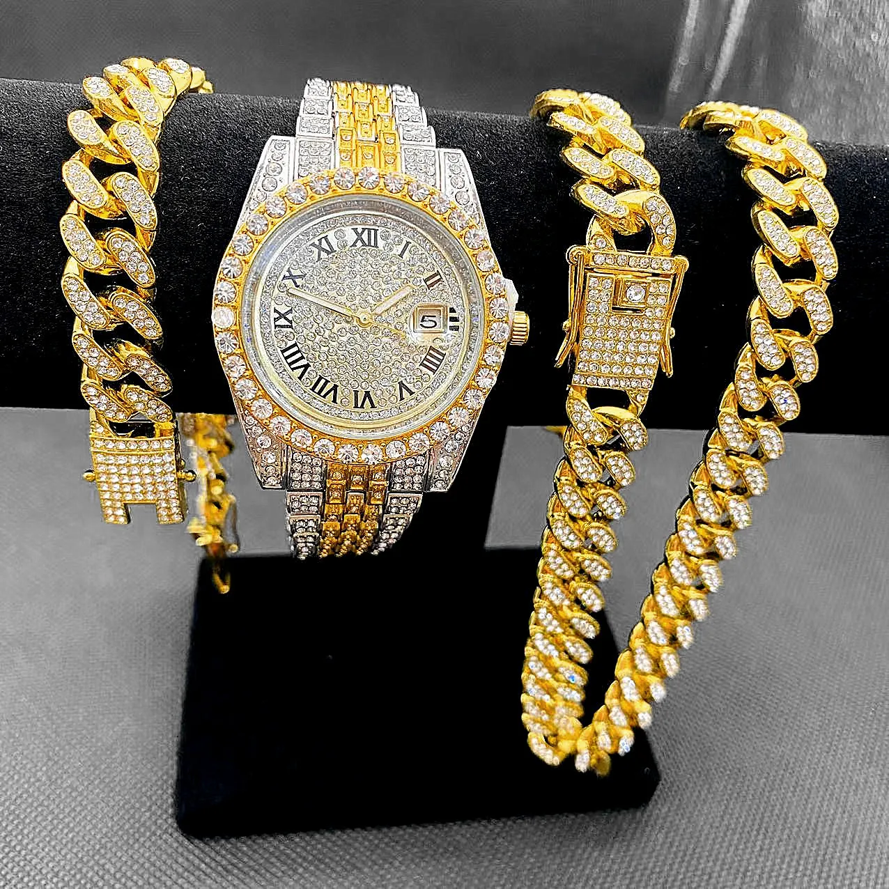 Top Trends: Full Iced Out Watches Mens Cuban Link Chain Bracelet Necklace Choker Bling Jewelry For Men Big Gold Chains Hip Hop Men Watch Set Shoppable Styles