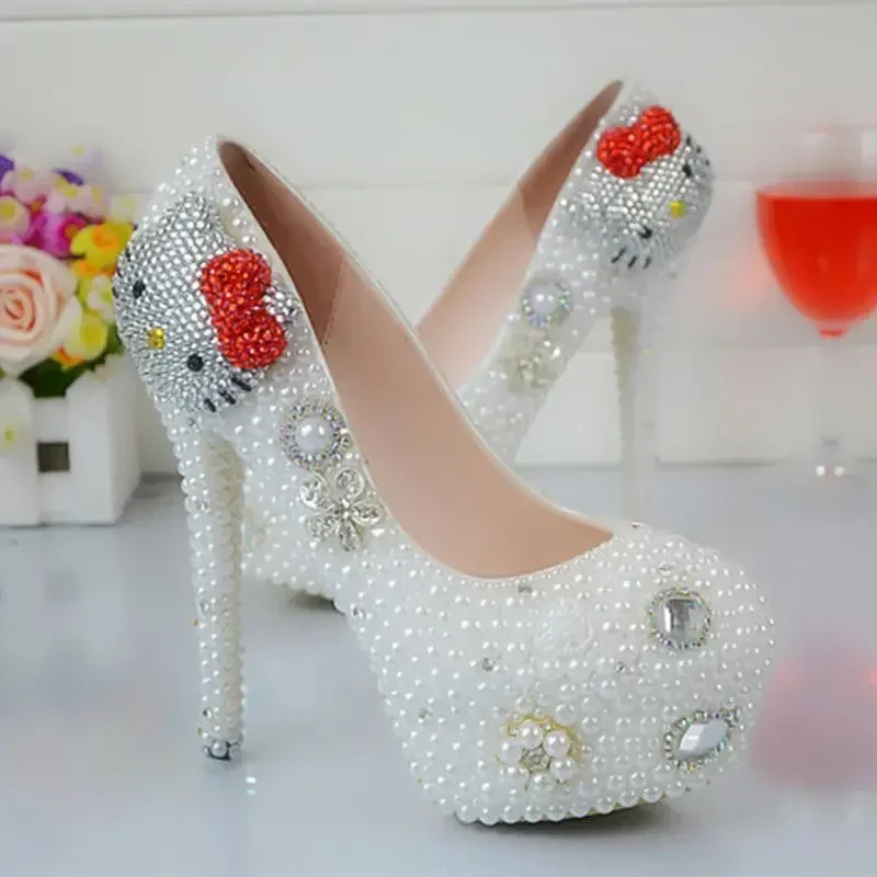 Top Trends: Hello Kitty Pearl Wedding Shoes Rhinestone KT Shoes Banquet Marriage Bridal Platform Women&#039;s High Heels Stage Pumps Shoppable Styles