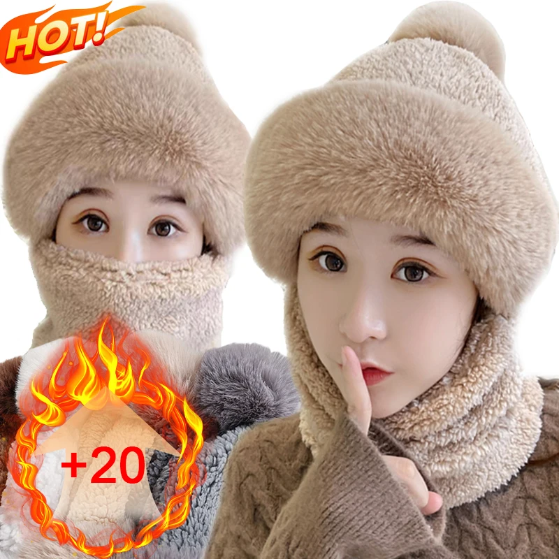 Top Trends: Women&#039;s Thicken Hat With Face Neck Cover Set Winter Fur Cashmere Warmer Beanies Caps Outdoor Thick Plush Fluffy Mask Scarf Shoppable Styles