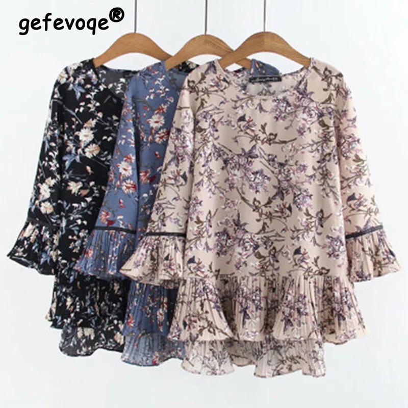 Top Trends: Summer New Oversized Floral Print Chiffon Blouse Lady Flare Sleeve All-match Loose Casual Pullover Tops Shirt Women's Clothing Shoppable Styles