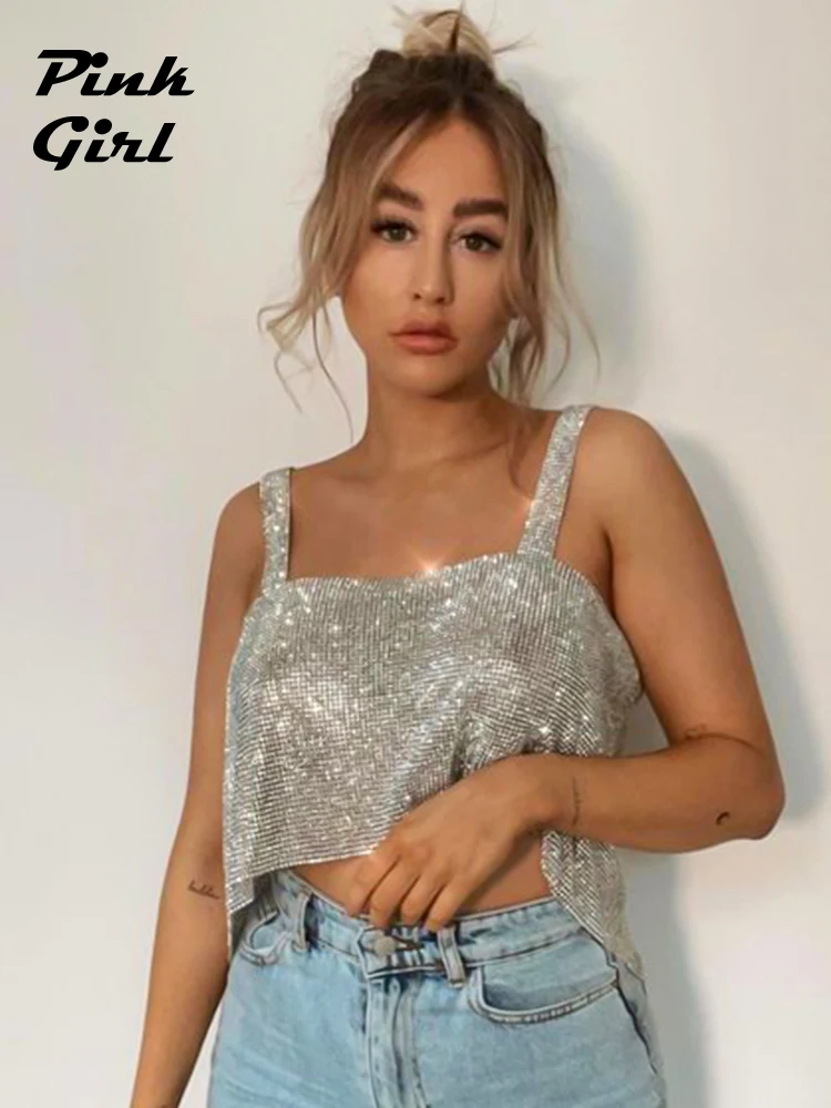 Top Trends: Shine Metallic Glitter Crop Top Women Music Festival Rave Outfits Nightclub Style Diamonds Vest Backless Tank Tops Strass Corset Shoppable Styles