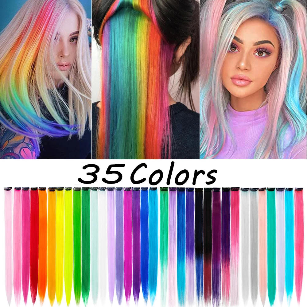 Top Trends: 10 Packs Straight Colored Clip In One Piece Hair Extensions 22inch Rainbow Color Synthetic Girls Fake False Clip On Hair Pieces Shoppable Styles