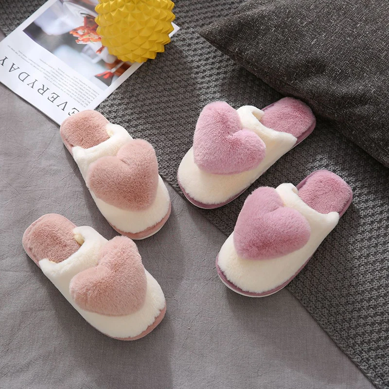 Top Trends: Winter Warm Home Women Fur Faux Slippers Heart Cute Cotton Non-slip Heart Soft Indoor Bedroom Girl Men Lovers Couple Floor Shoes Shoppable Styles