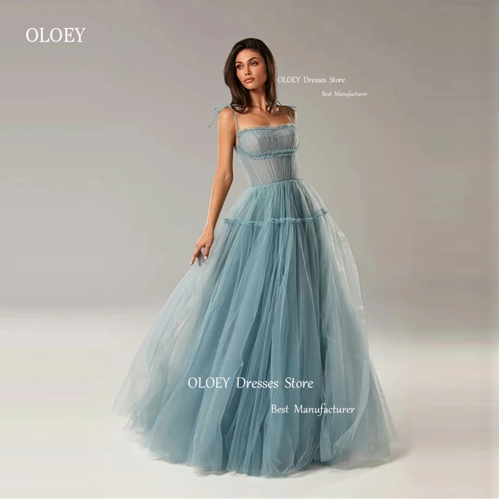 Top Trends: OLOEY Modern Dusty Blue Pink Tulle Long Prom Dresses Spaghetti Straps Tiered Evening Gowns Arabic Women Formal Party Dress Shoppable Styles