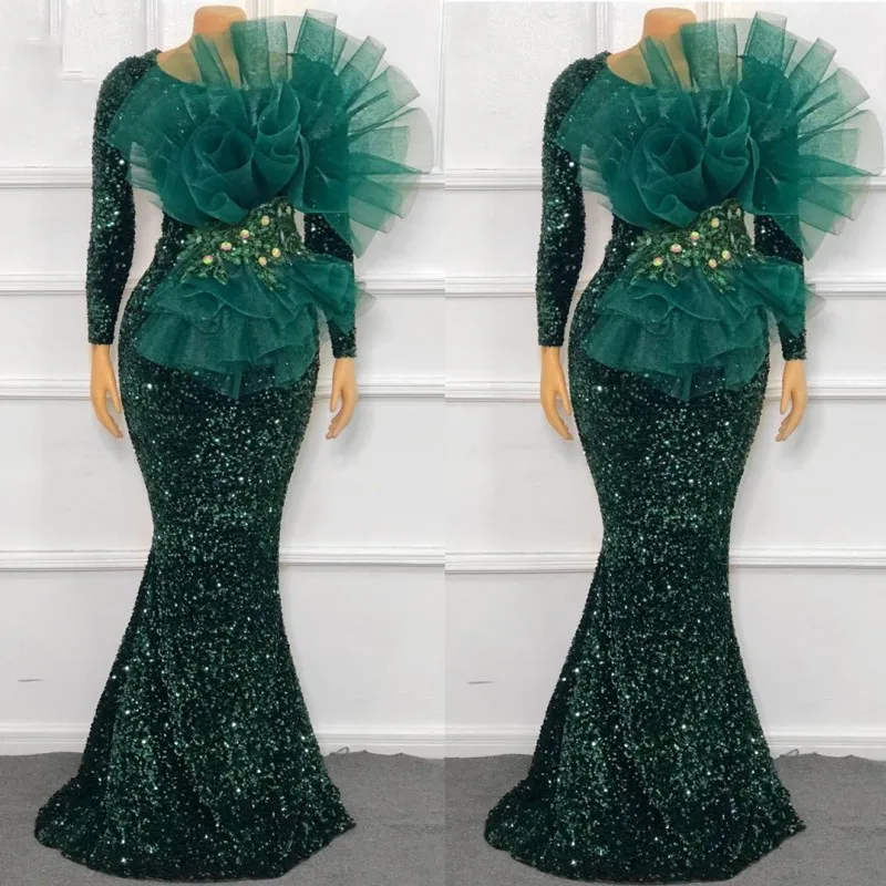 Top Trends: Emerald Green Sequin Prom Dresses Long Sleeves Mermaid Sparkle Evening Dresses African Aso Ebi Women Formal Gown Vestidos Shoppable Styles