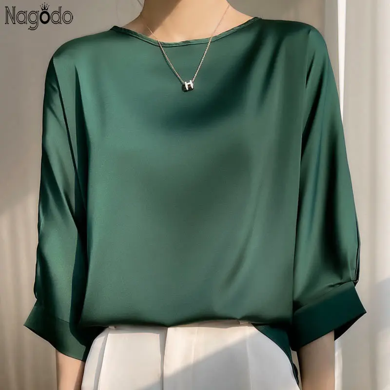 Top Trends: 2023 New In Summer Satin Silk Half-Sleeve Tee Tops Basic Solid Women‘s T-Shirt Casual V-neck Thin Shirts Ladies Loose Blouses Shoppable Styles