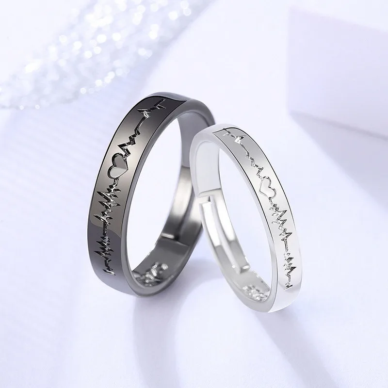 Top Trends: 2Pcs / set Romantic Couple Rings For Women Men Punk Heart ECG Black White Forever Love Promise Wedding Ring Valentine'S Day Gift Shoppable Styles - Image 2