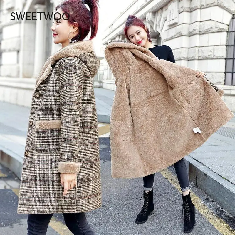 Top Trends: Wool Coat Women Winter Jacket New Plaid Sheep Shear Leather Fur Mid Long Coats Plus Velvet Thick Hooded Warm Wool Lady Coat Shoppable Styles