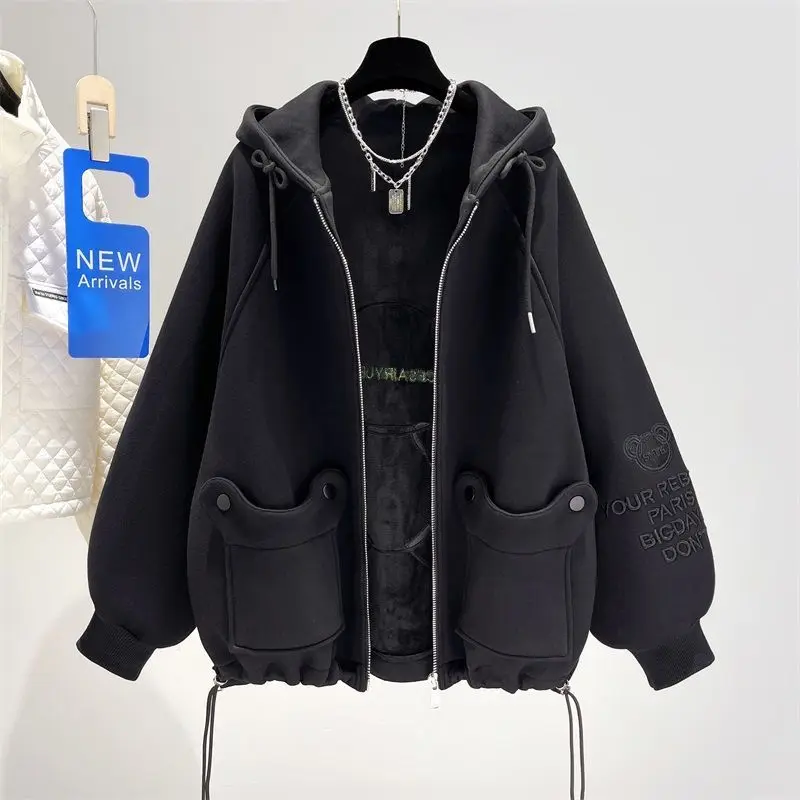 Top Trends: Large Size Women's Clothing Black Hoodie Female Fleece-Lined Thickened 2022 New Plump Girls Autumn And Winter Coat Shoppable Styles