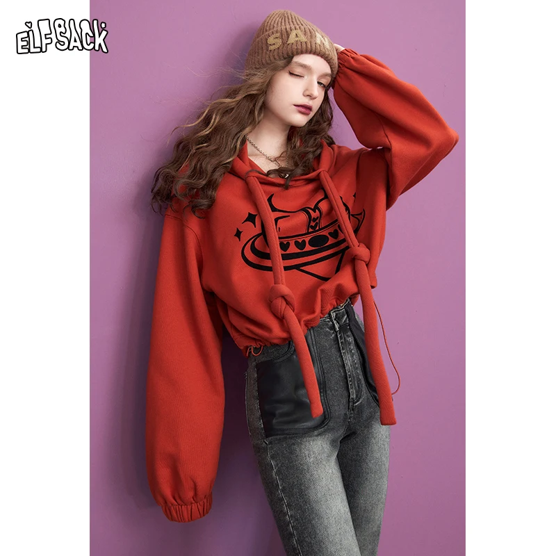 Top Trends: ELFSACK Fleece Short Hooded Hoodies Women 2023 Autumn / Winter Loose Long Sleeve Casual Tops Shoppable Styles