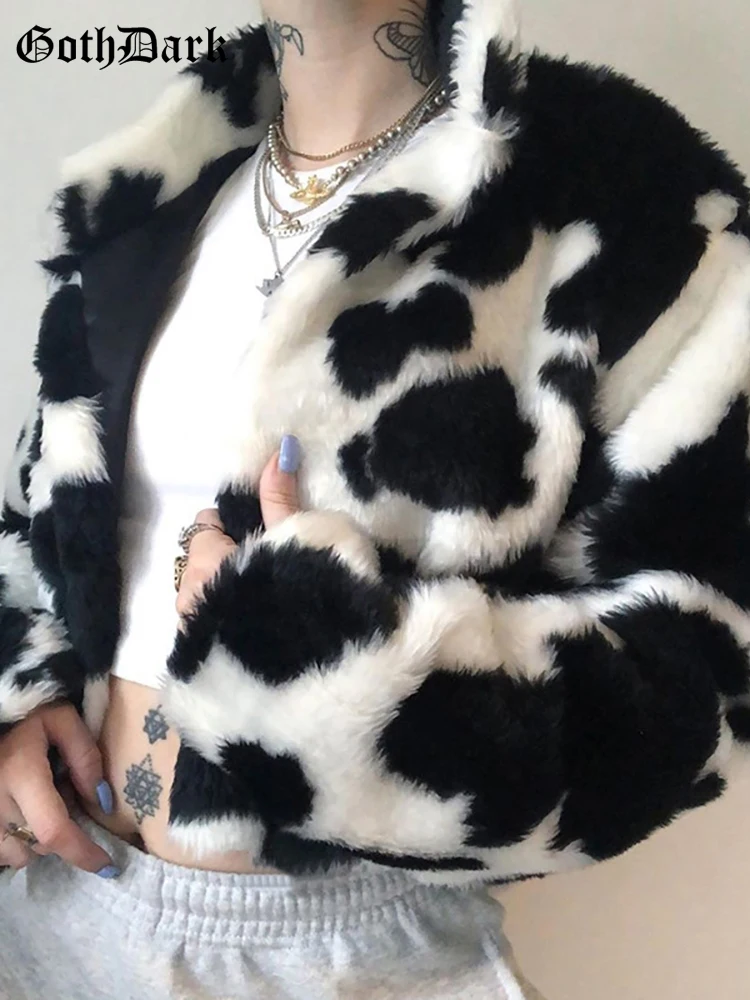 Top Trends: Goth Dark Punk Style Gothic Crop Faux Fur Y2k Coats Fashion Color Block Long Sleeve Women Cardigan Jackets Warm Streetwear 2023 Shoppable Styles