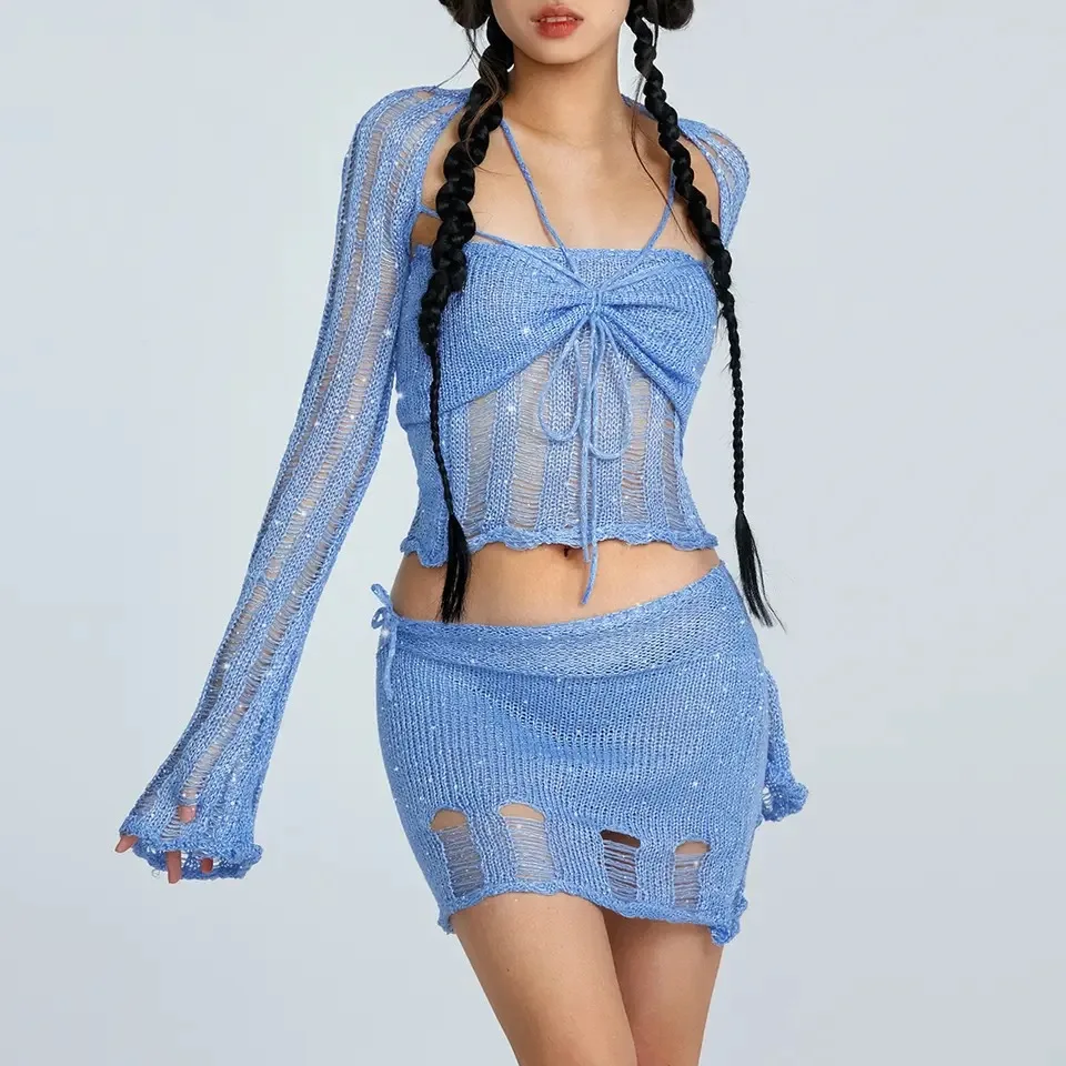 Top Trends: Crochet Knitted Sequin Dress 2 Piece Skirt Sets 2023 Summer Women Sexy Elegant Knit Mini Dress Crop Tops Two Piece Set Outfit Shoppable Styles