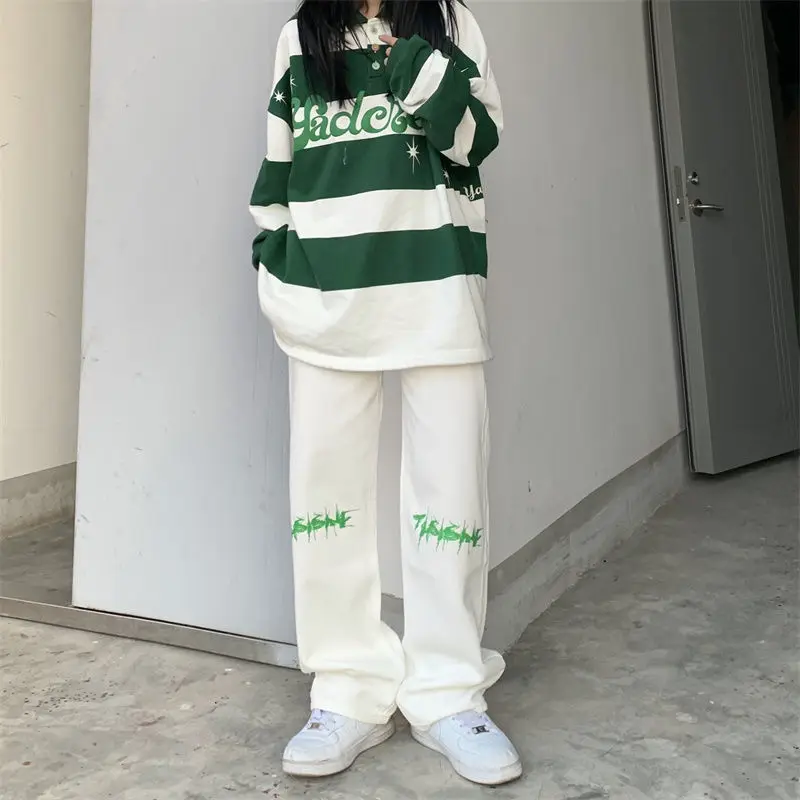 Top Trends: Hip Hop Fashion Women Letter Print White Jeans Spring Autumn Pants High Waist Streetwear Casual Loose Wide Leg Denim Trousers Shoppable Styles