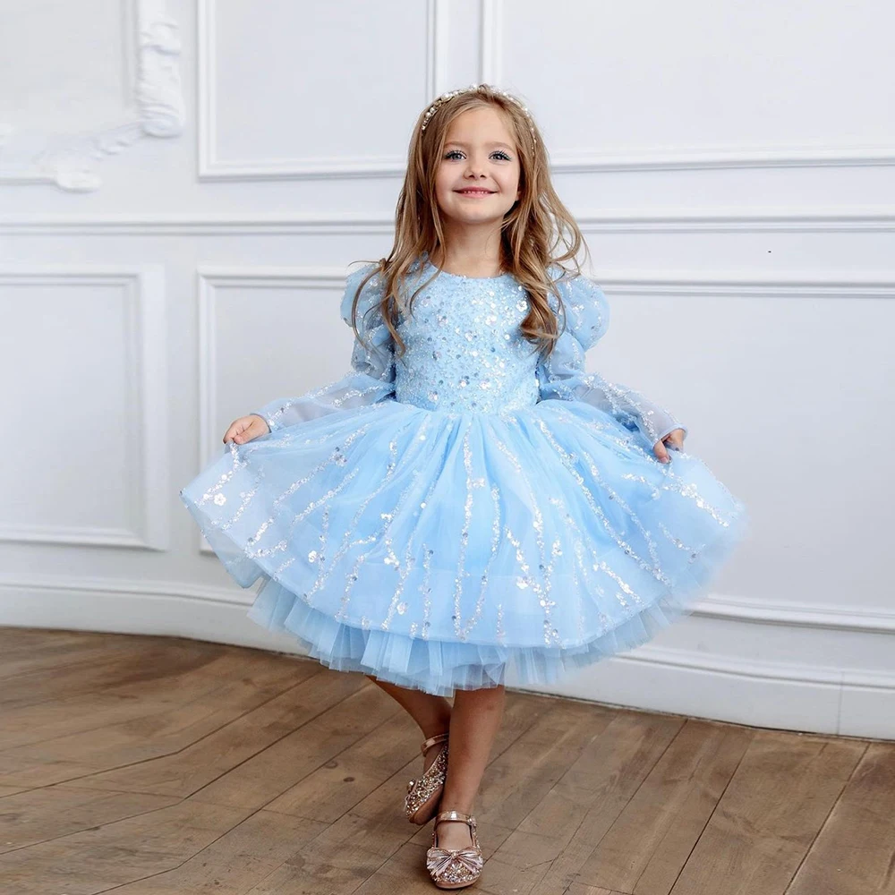 Top Trends: Full Sleeve Sky Blue Flower Girl Dresses Sequined 2023 Summer Tutu Communion Dresses Girls Wedding Party Gowns платье женское Shoppable Styles