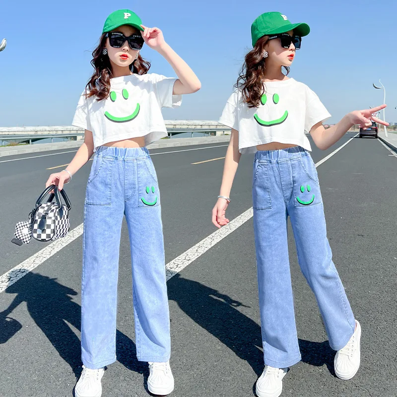 Top Trends: 2023 Summer Teens Girls Clothes Sets Outfits Kids Crop Top 2PCS T-shirt + Demin Pants Jeans Child Tracksuit 6 8 10 12 14 Year Shoppable Styles