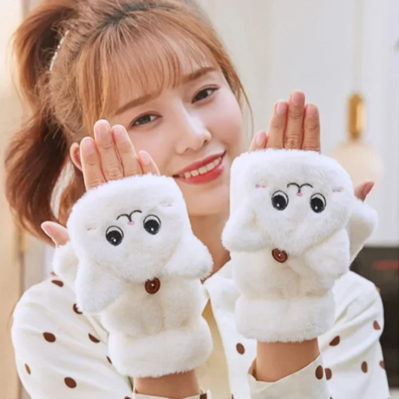 Top Trends: 5 Styles Women Cartoon Bear Cat Rabbit Gloves Fur Glove Winter Women Animal Ear Fold Plush Glove Fingerless Thicken Warm Mitten Shoppable Styles - Image 6