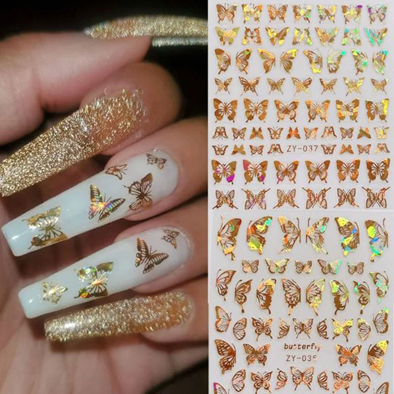 Top Trends: Nail Decals Holographic Nail Sticker Butterfly Holographic 3D Diy Nail Art Stickers Adhesive Decals Wrap Gold / Silver Butterfly Shoppable Styles