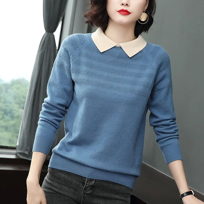 Top Trends: Fashion Lapel Knitted Spliced Loose Korean Sweaters Women's Clothing 2022 Autumn New Oversized Casual Pullovers Commute Tops Shoppable Styles