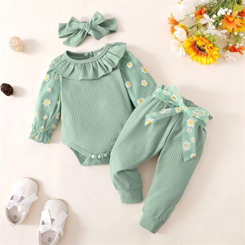 Top Trends: 3Pcs Baby Girls Fall Outfit Print Long Sleeve Romper + Belted Pants + Headband Set For Toddlers 0-18 Months Clothes Shoppable Styles