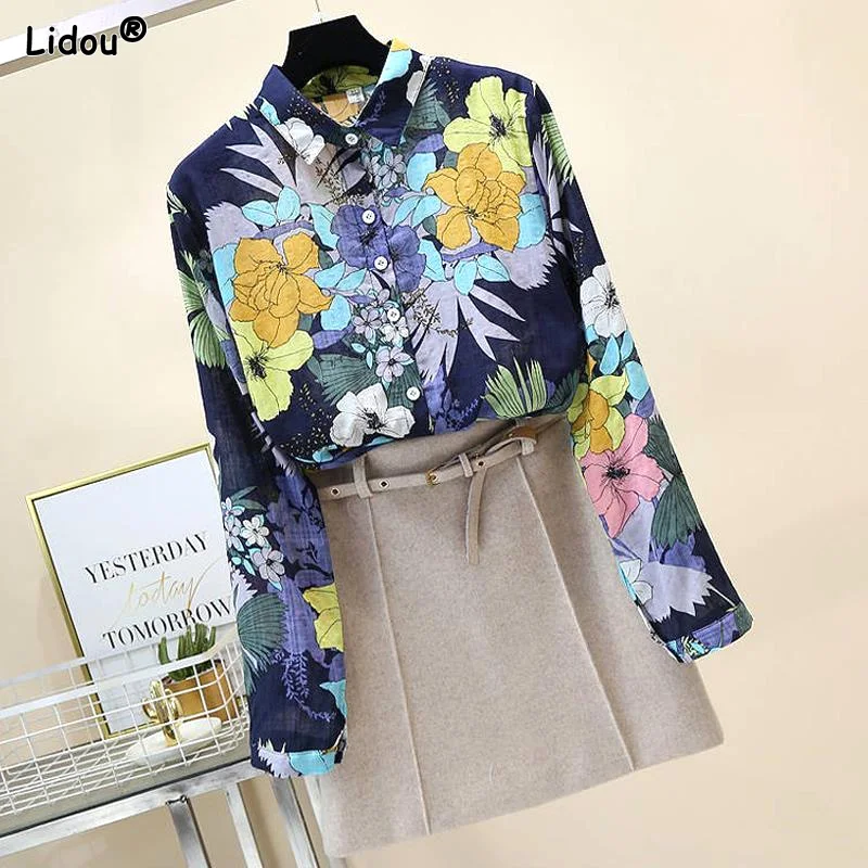 Top Trends: Printing Shirts Turn-down Collar Patchwork Casual Button Loose Spring Autumn Thin Numb Pure Cotton Women&#039;s Clothing 2022 Vintage Shoppable Styles