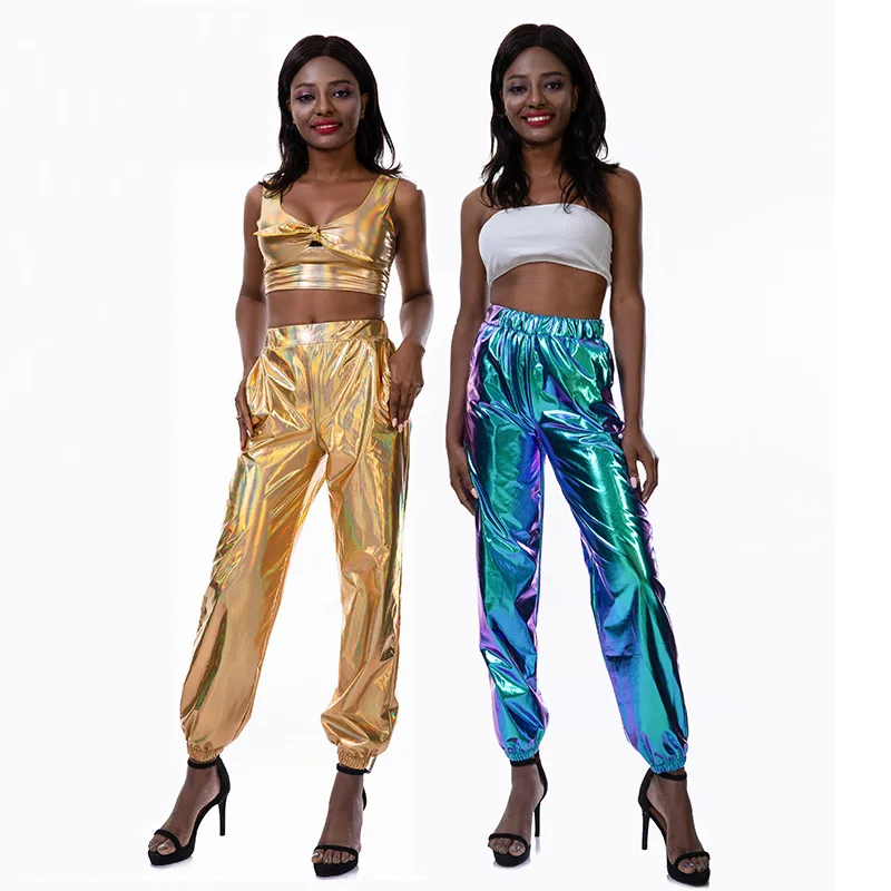 Top Trends: High Waist Metallic Shiny Jogger Casual Holographic Color Streetwear Trousers Women Fashion Smoothy Reflective Pants Hip Hop Shoppable Styles