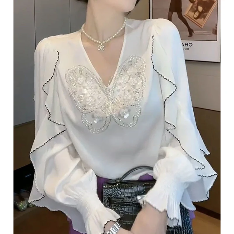 Top Trends: Spring Summer V-neck Butterfly Sequined Ruffles Long Sleeve Shirt Ladies Elegant Fashion Pullover Blouse Women's Clothing Top Shoppable Styles - Image 2