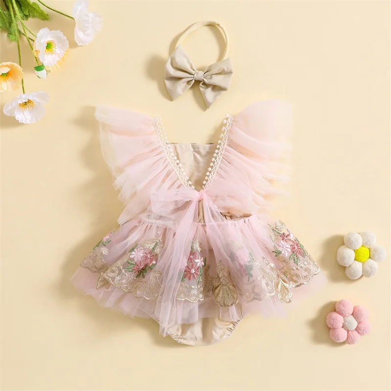 Top Trends: Listenwind 2023 Newborn Girl Outfit Pink Embroidery Flower Fly Sleeve Romper With Bowknot Hairband Summer Casual Clothes Shoppable Styles - Image 2