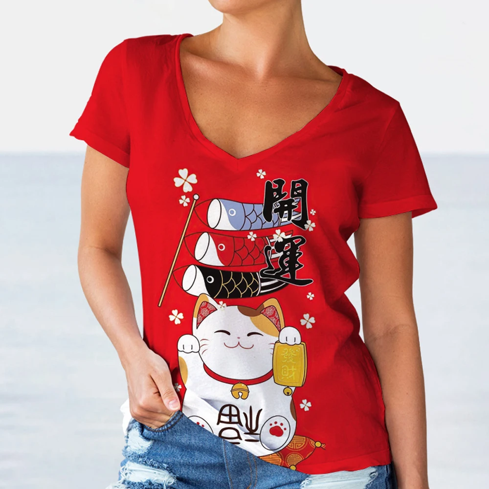 Top Trends: Summer Clothes For Women V-neck T Shirts Fortune Cat Kawaii Graphic Harajuku 2022 Fashion Blouses Cheap Good Luck Oversized Tops Shoppable Styles