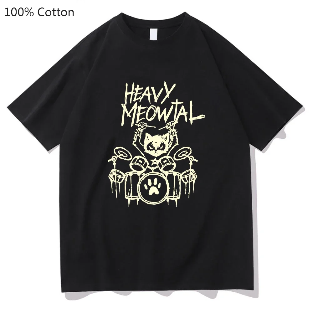 Top Trends: Heavy Meowtal Cat Printed T-shirt Metal Music Funny Graphic Tshirt Fashion Mens Tops Shirt 100% Cotton T Shirts For Summer Male Shoppable Styles