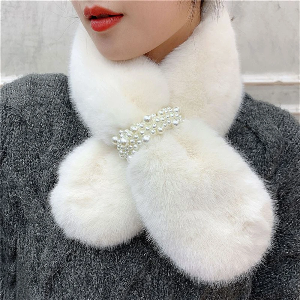 Top Trends: Pearl Scarf Winter New Style Thickened Korean Version Of Cross-warmingwool Wool Rabbit-like Neck Collar DZ1 Shoppable Styles - Image 2