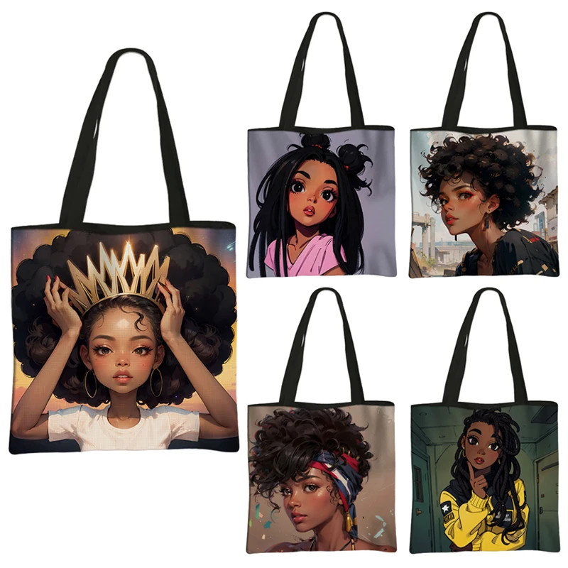 Top Trends: African Cartoon Girls Casual Tote Bags Fashion Black Women Handbag Large Capacity Shoulder Bag Ladies Reusable Shopping Bag Shoppable Styles