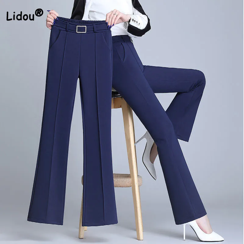 Top Trends: Spring Summer Office Lady Solid Color All-match Trouser Suits Elastic High Waist Fashion Commuter Spliced Women's Flare Pants Shoppable Styles