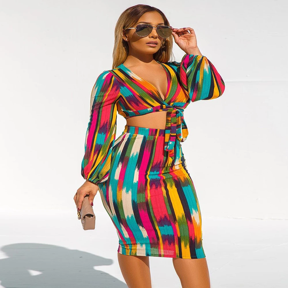 Top Trends: Sexy Crop Top Female Dress Sets Tie Dye Lace Up Wrap Chest T Shirt Suit Beach Bodycon Midi Dresses 2 Piece Festival Outfit Women Shoppable Styles