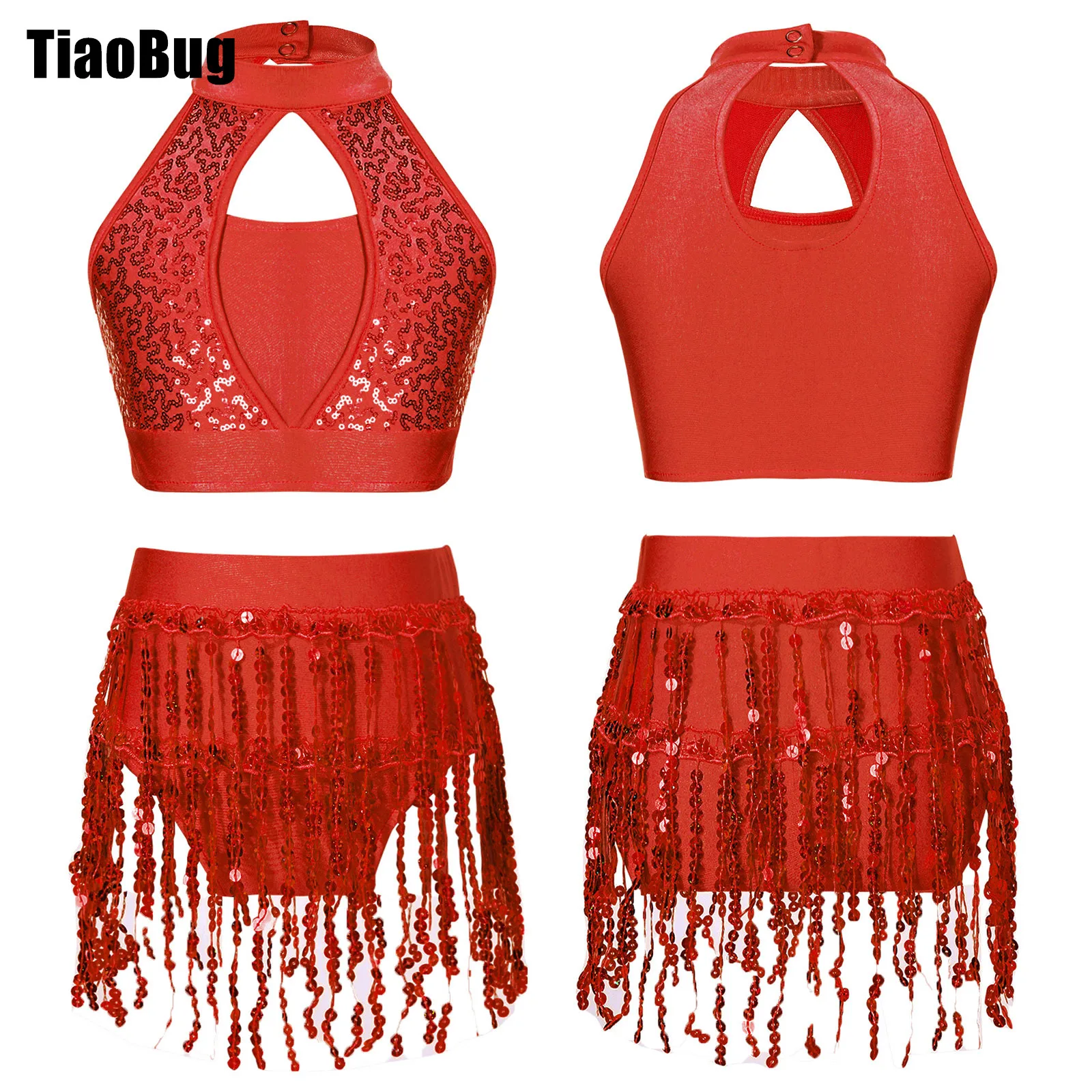 Top Trends: Kids Girls Sequin Dance Outfit 2-Piece Set Hollow Halter Top Sequin Fringe Shorts Suit For Jazz Latin Samba Shoppable Styles